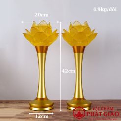 Đôi Đèn 1 Bông Hoa Sen Nở Thủy Lưu Ly Thân Vàng, Cao 36cm, 42cm 1 3