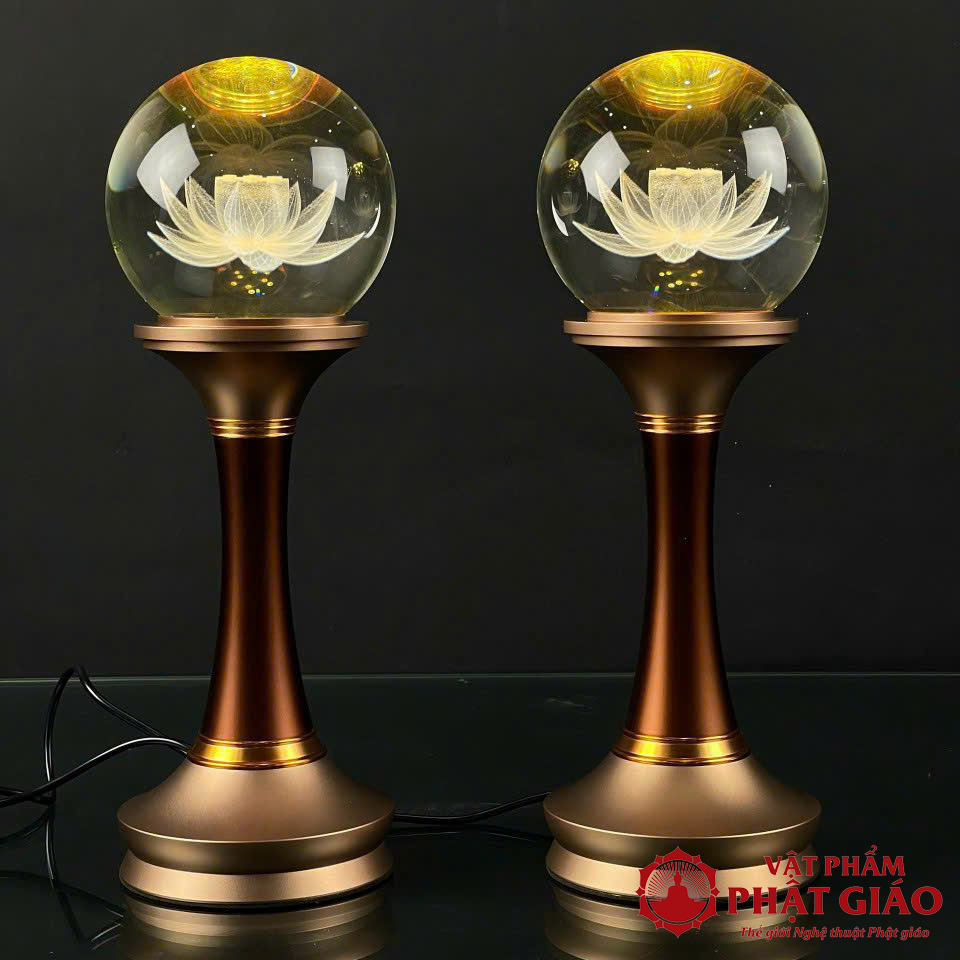 Đôi Đèn Cầu Hoa Sen Pha Lê Thân Đồng Chân Nâu, Cao 20-40cm 15 doi den cau hoa sen pha le than dong chan nau cao 20 40cm 2