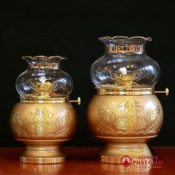 Đèn Dầu Hoa Sen Chữ Phật Bằng Đồng Màu Vàng Cỡ To, Cao 16.5cm | 20cm 1 den dau hoa sen chu phat bang dong mau vang co to cao 16 5cm 20cm 1 1
