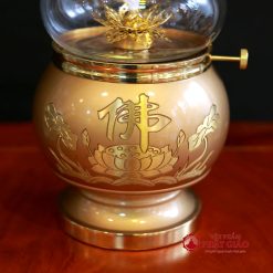 Đèn Dầu Hoa Sen Chữ Phật Bằng Đồng Màu Vàng Cỡ To, Cao 16.5cm | 20cm 3 den dau hoa sen chu phat bang dong mau vang co to cao 16 5cm 20cm 3