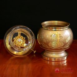 Đèn Dầu Hoa Sen Chữ Phật Bằng Đồng Màu Vàng Cỡ To, Cao 16.5cm | 20cm 5 den dau hoa sen chu phat bang dong mau vang co to cao 16 5cm 20cm 5