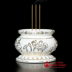 Bát Nhang Gốm Sứ Trắng Hoa Sen Viền Vàng, Nhiều Kích Cỡ 10 2 17