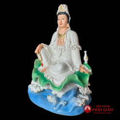 Tượng Phật Bà Quan Âm Ngồi Tự Tại Đế Lá Sen Xanh, Sóng Biển, Chất Liệu Sứ, Cao 35cm 3 2 3