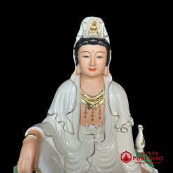 Tượng Phật Bà Quan Âm Ngồi Tự Tại Đế Lá Sen Xanh, Sóng Biển, Chất Liệu Sứ, Cao 35cm 2 3 3