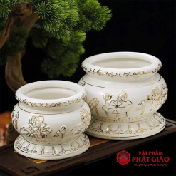 Bát Nhang Gốm Sứ Trắng Hoa Sen Viền Vàng, Nhiều Kích Cỡ 2 4 12