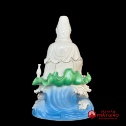 Tượng Phật Bà Quan Âm Ngồi Tự Tại Đế Lá Sen Xanh, Sóng Biển, Chất Liệu Sứ, Cao 35cm 1 4 3