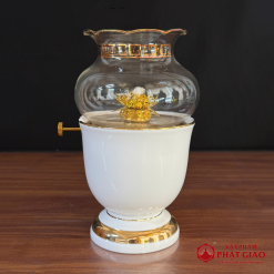Đèn Dầu Bằng Sứ Trắng Viền Vàng, Cao 15cm, 18cm 6 den dau bang su trang vien vang cao 15cm 18cm vat pham phat giao la boi 2