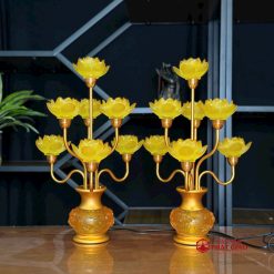 Đôi Đèn Thờ Hoa Sen Thủy Tinh Lưu Ly 7 Bông, Cao 48cm 1 1 4