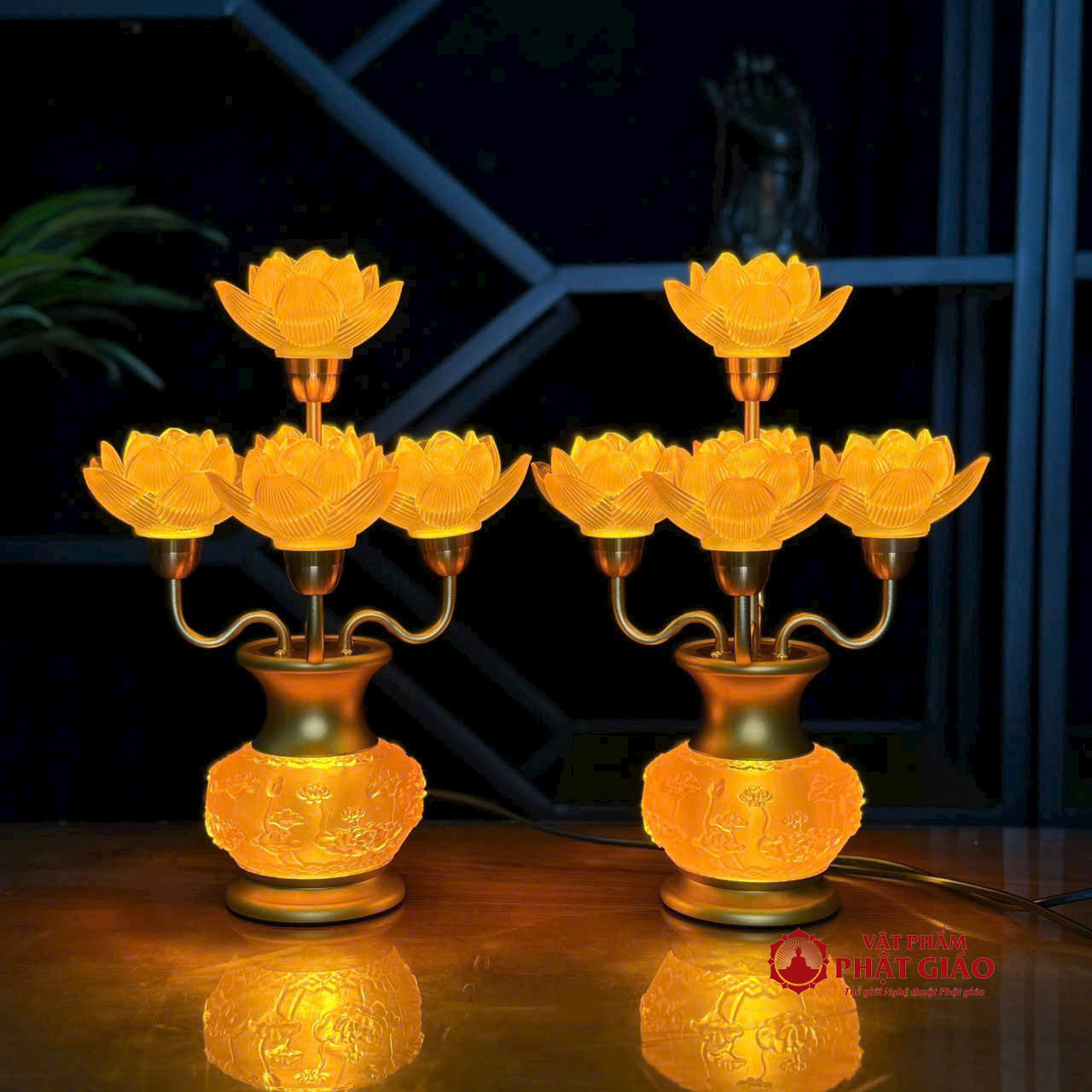 Đôi Đèn Thờ Hoa Sen Thủy Tinh Lưu Ly 5 Bông, Cao 34cm 6 2 4
