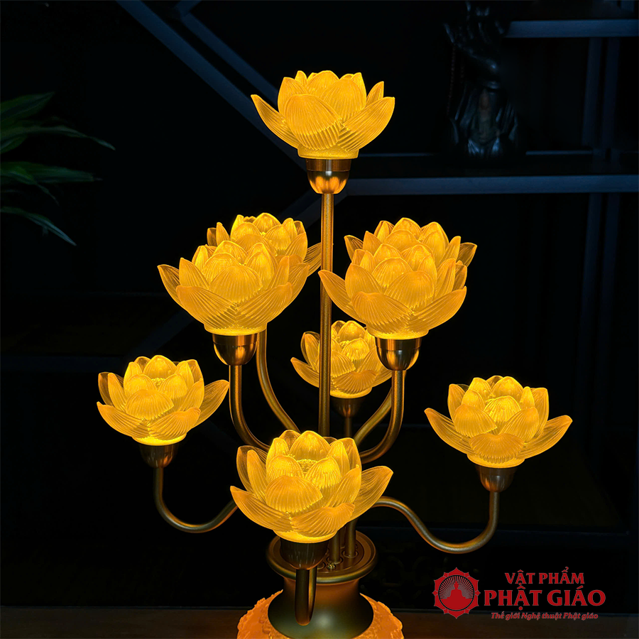 Đôi Đèn Thờ Hoa Sen Thủy Tinh Lưu Ly 9 Bông, Cao 50cm 9 5 2
