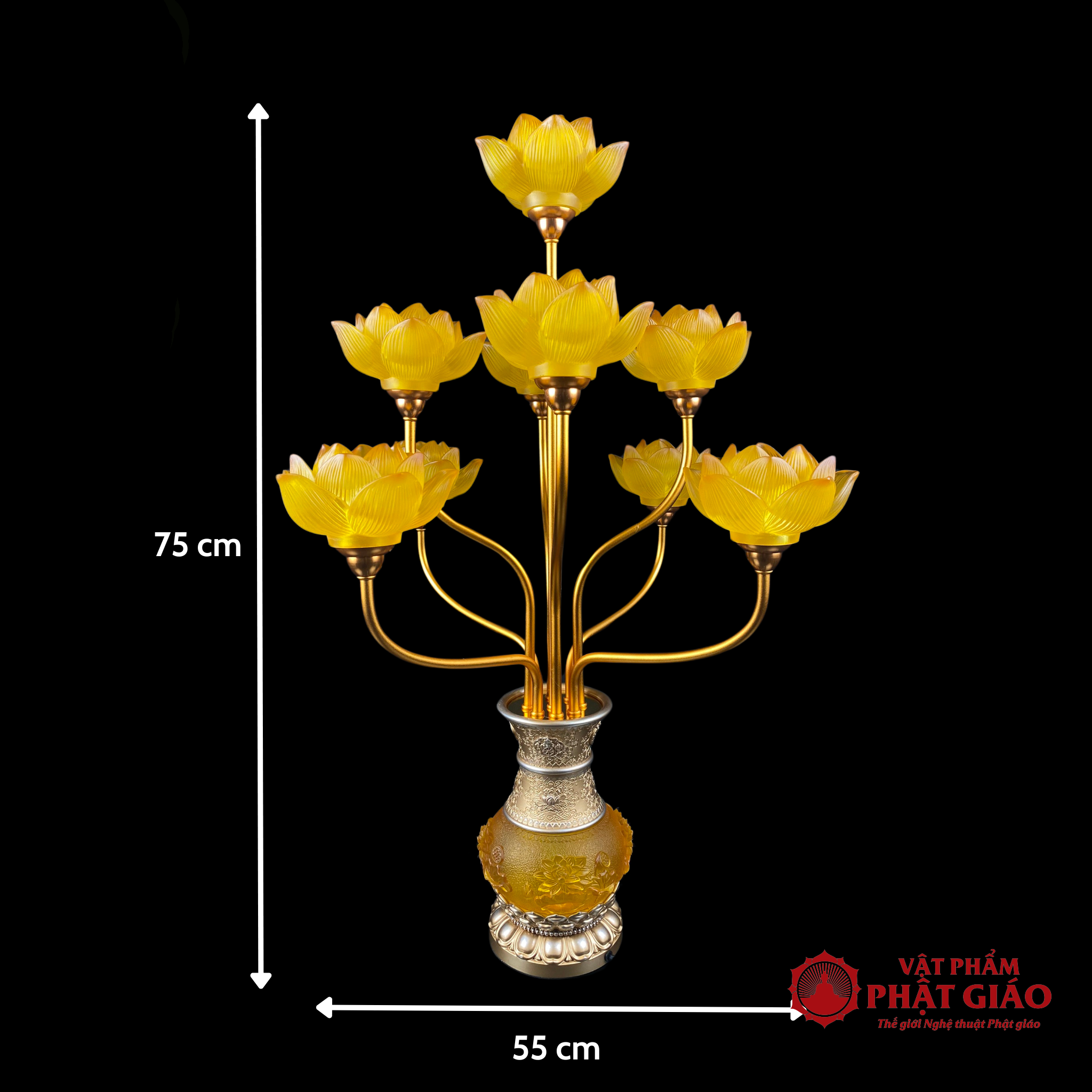 Đôi Đèn Thờ Hợp Kim Lưu Ly Hoa Sen Nở 9 Bông, Cao 75cm 11 5