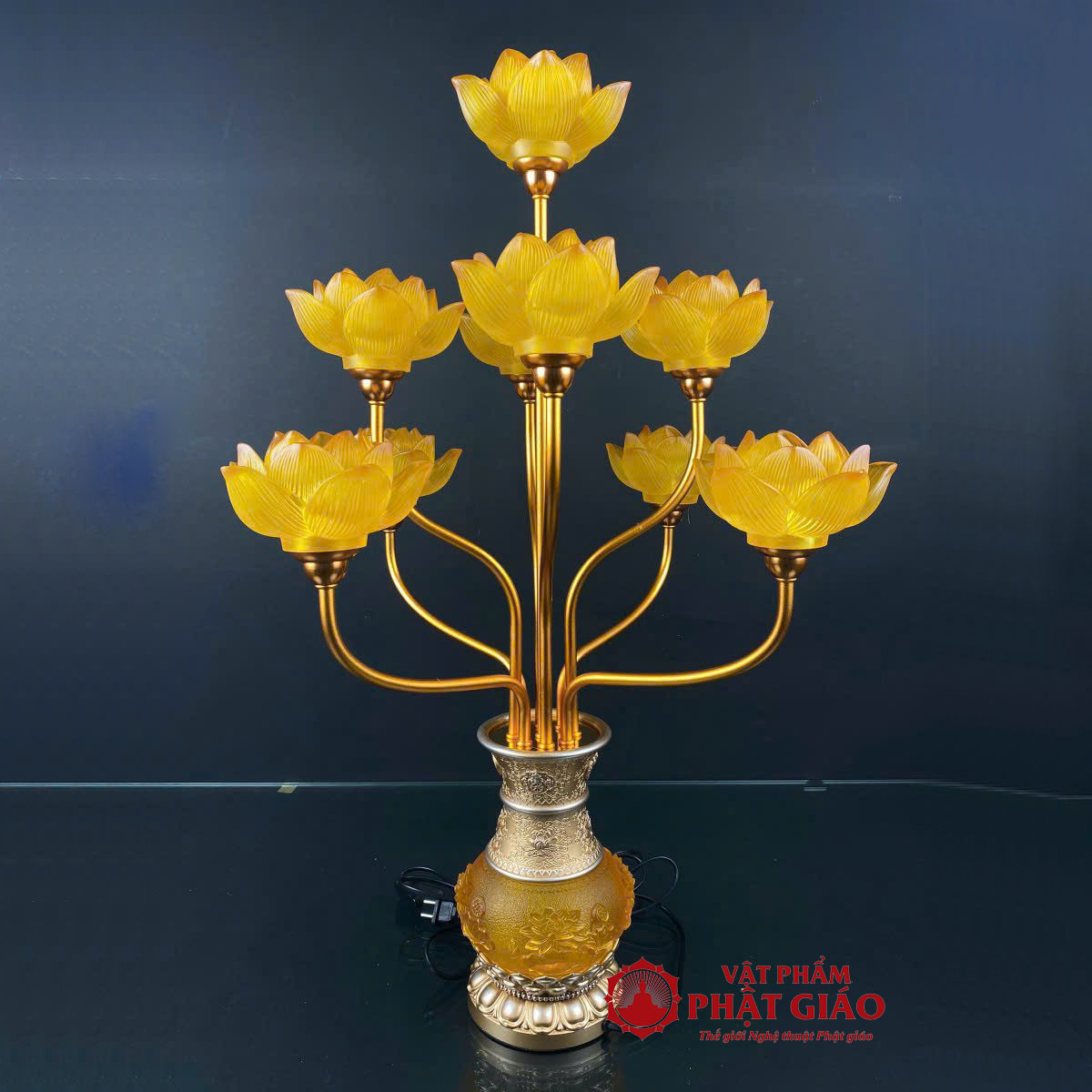 Đôi Đèn Thờ Hợp Kim Lưu Ly Hoa Sen Nở 9 Bông, Cao 75cm 9 6 2