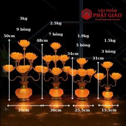 Đôi Đèn Thờ Hoa Sen Thủy Tinh Lưu Ly 7 Bông, Cao 48cm 6 7 3