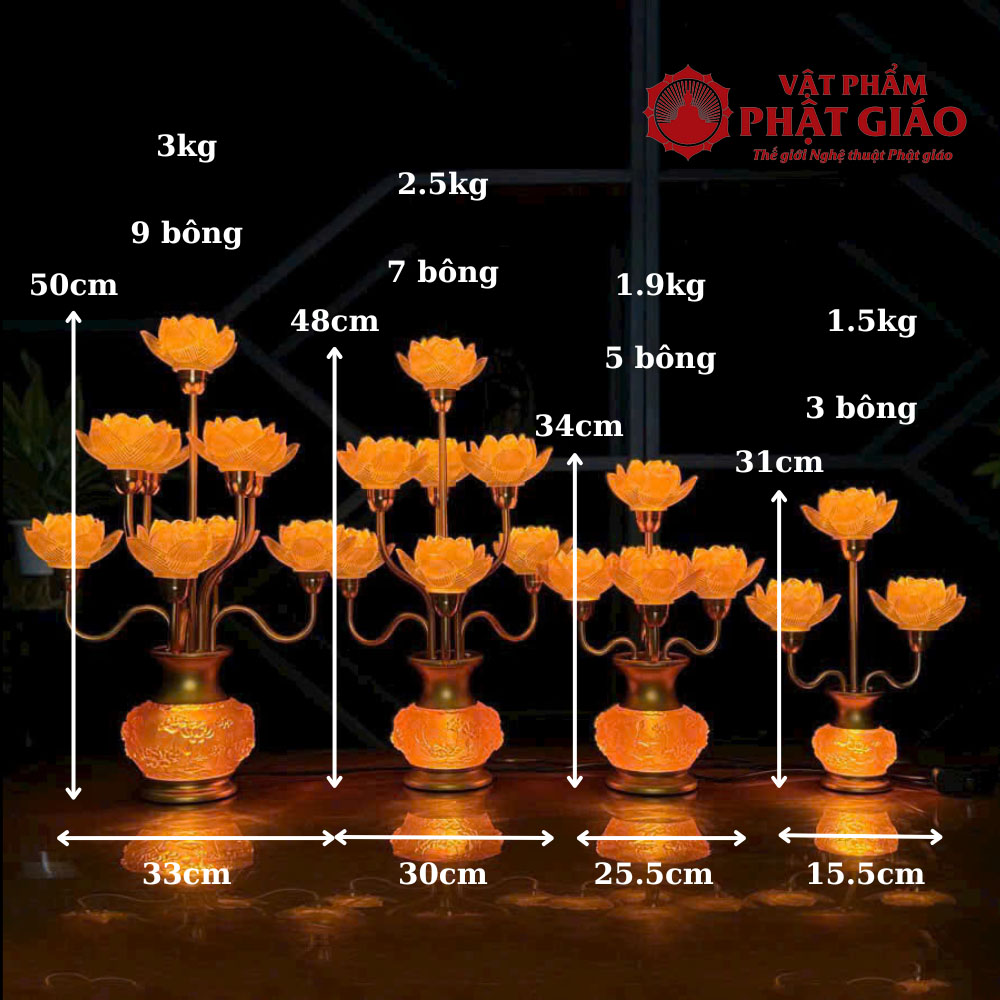 Đôi Đèn Thờ Hoa Sen Thủy Tinh Lưu Ly 7 Bông, Cao 48cm 9 7 3
