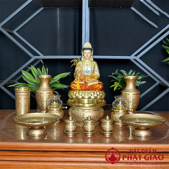 Lọ Hoa Bằng Đồng Sơn Vàng Chữ Phật Hoa Sen Cao Cấp 4 2 4