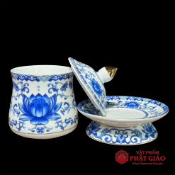 Cốc Nước Thờ Sứ Trắng Hoa Sen Xanh, Gốm Sứ Đức Hóa 2 2 9