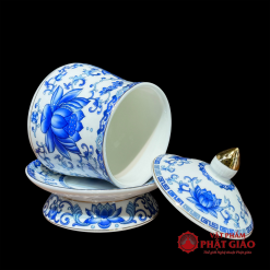 Cốc Nước Thờ Sứ Trắng Hoa Sen Xanh, Gốm Sứ Đức Hóa 3 3 9