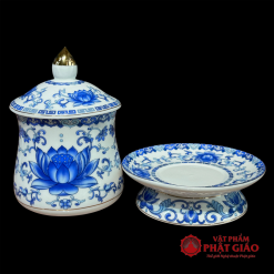 Cốc Nước Thờ Sứ Trắng Hoa Sen Xanh, Gốm Sứ Đức Hóa 4 4 6