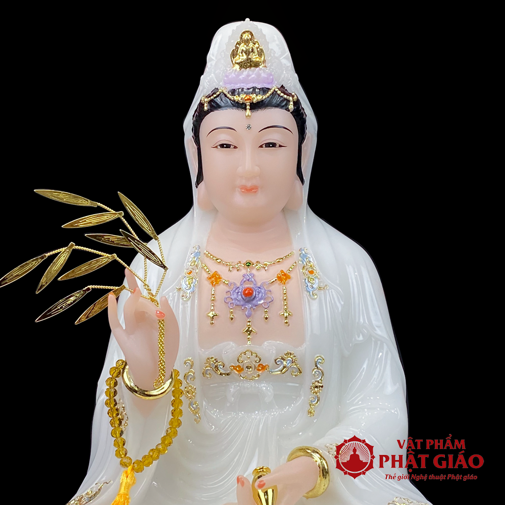 Tượng Quan Âm Bồ Tát Ngồi Đế Sen To Bằng Bột Đá Trắng Viền Vàng, Cao 30cm, 40cm, 48cm, 65cm 6 tuong quan am ngoi de sen to bang bot da trang vien vang cao cap cao 30cm 40cm 48cm 65cm vat pham phat giao la boi 4