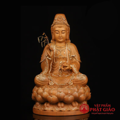 Tượng Quan Thế Âm Bồ Tát Ngồi Đài Sen Bằng Gỗ Long Não, Viền Vàng Nổi, Cao 30cm, 40cm, 48cm, 65cm 1 tuong quan the am bo tat bang go long nao vien vang noi cao 30cm 40cm 48cm 65cm vat pham phat giao la boi 2