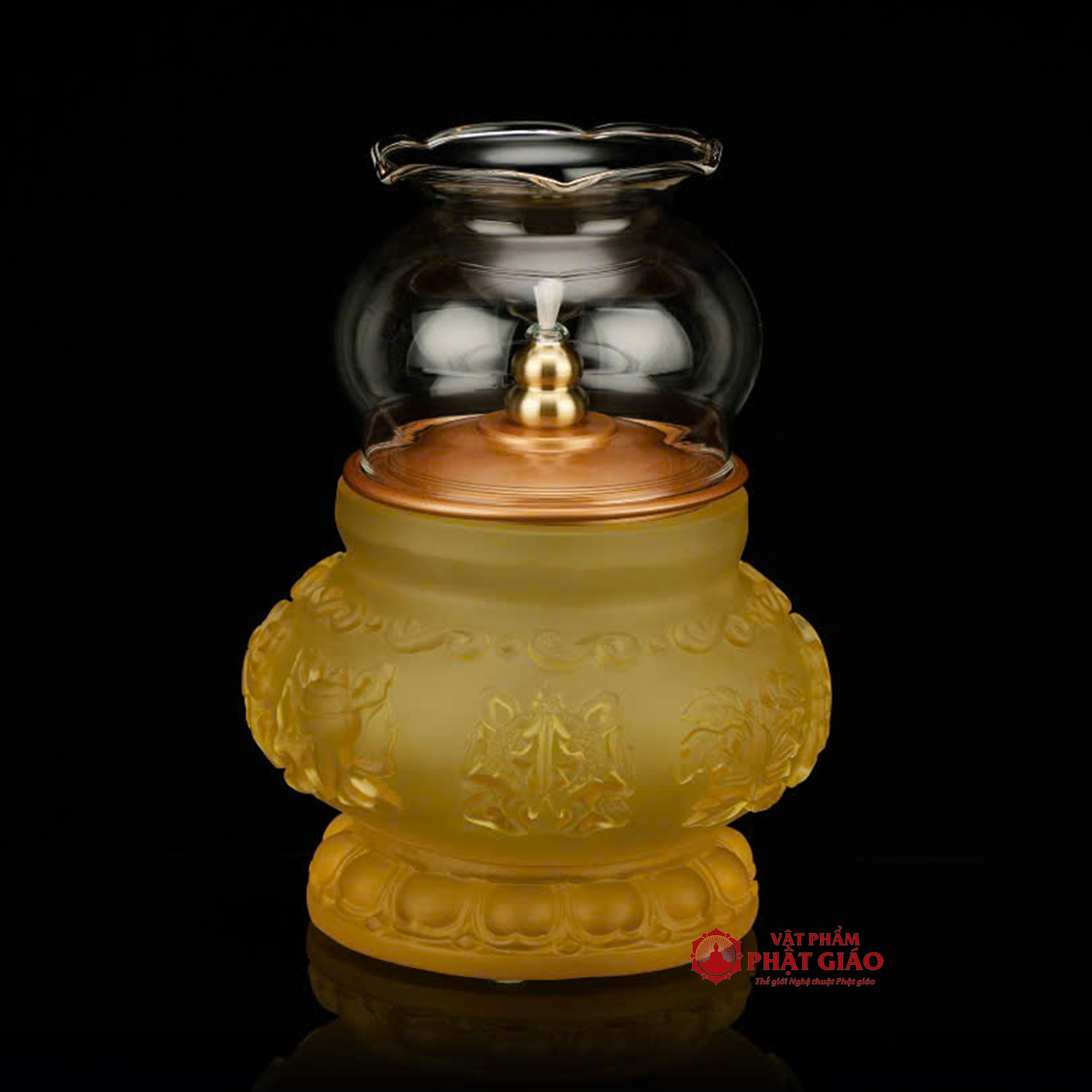 Đèn Dầu Tám Cát Tường Chất Liệu Lưu Ly Bọc Đồng, Cao 16cm 2 0 1