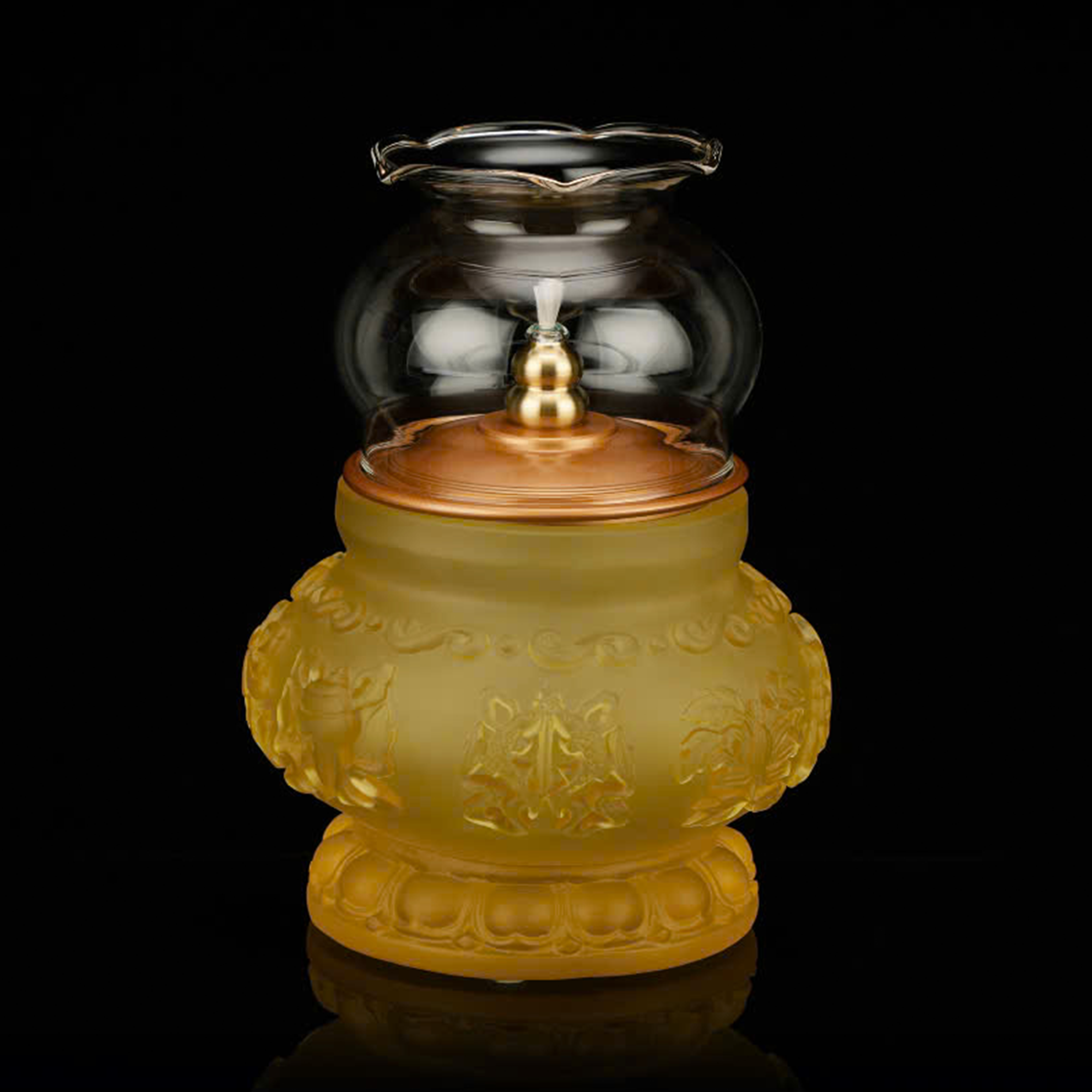 Đèn Dầu Tám Cát Tường Chất Liệu Lưu Ly Bọc Đồng, Cao 16cm 1 0