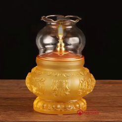 Đèn Dầu Tám Cát Tường Chất Liệu Lưu Ly Bọc Đồng, Cao 16cm 3 1 1