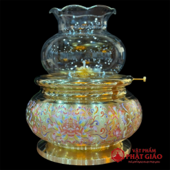 Đèn Dầu Bằng Đồng Họa Tiết Hoa Sen Màu, Cao 35cm 1 1 6