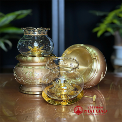 Đèn Dầu Chất Liệu Đồng Vàng Họa Tiết Hoa Sen Chữ Phật 3 3 7