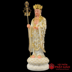 Tượng Địa Tạng Bồ Tát Đứng Đài Sen Bằng Bột Đá Trắng Viền Vàng, Cao 40cm, 48cm, 65cm, 90cm 4 tuong dia tang bo tat dung dai sen bang bot da trang vien vang cao 40cm 48cm 65cm 90cm vat pham phat giao la boi 3
