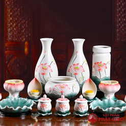 Lo Hoa Gom Hoa Tiet Hoa Sen Do La Xanh Cao 30cm vppg 6