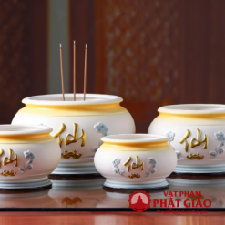 Bát Hương Bằng Gốm Màu Trắng Xanh Chữ "Tiên", Nhiều Kích Cỡ 4 Bat Huong Bang Gom Mau Trang Xanh Chu Tien Nhieu Kich Co 4