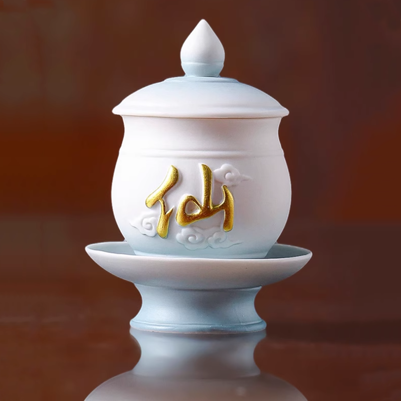 Cốc Nước Thờ Bằng Gốm Màu Trắng Xanh Chữ Tiên 0 Coc Nuoc Tho Bang Gom Mau Trang Xanh Chu Tien 0