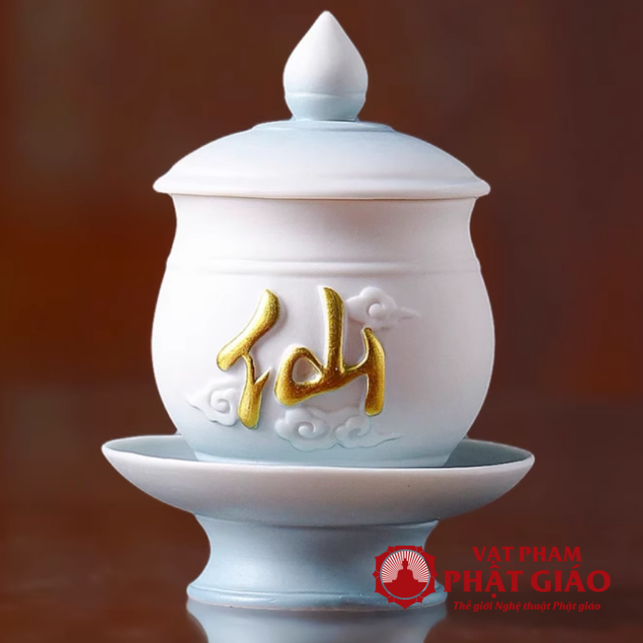 Cốc Nước Thờ Bằng Gốm Màu Trắng Xanh Chữ Tiên 10 Coc Nuoc Tho Bang Gom Mau Trang Xanh Chu Tien 10