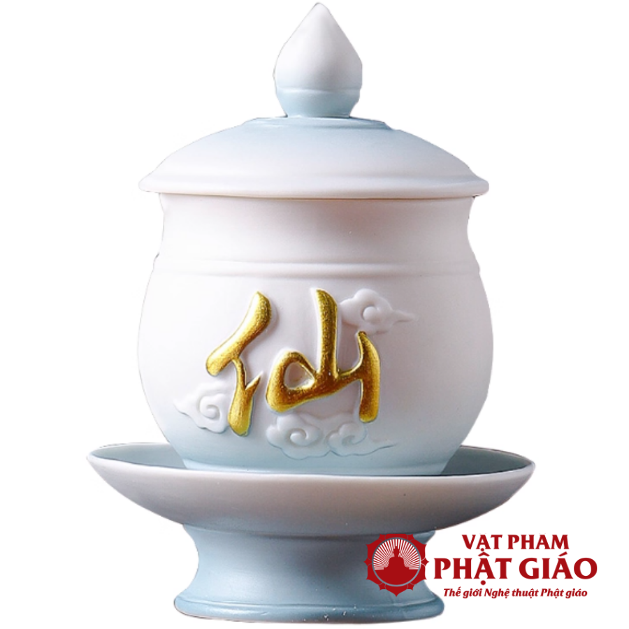 Cốc Nước Thờ Bằng Gốm Màu Trắng Xanh Chữ Tiên 12 Coc Nuoc Tho Bang Gom Mau Trang Xanh Chu Tien 12