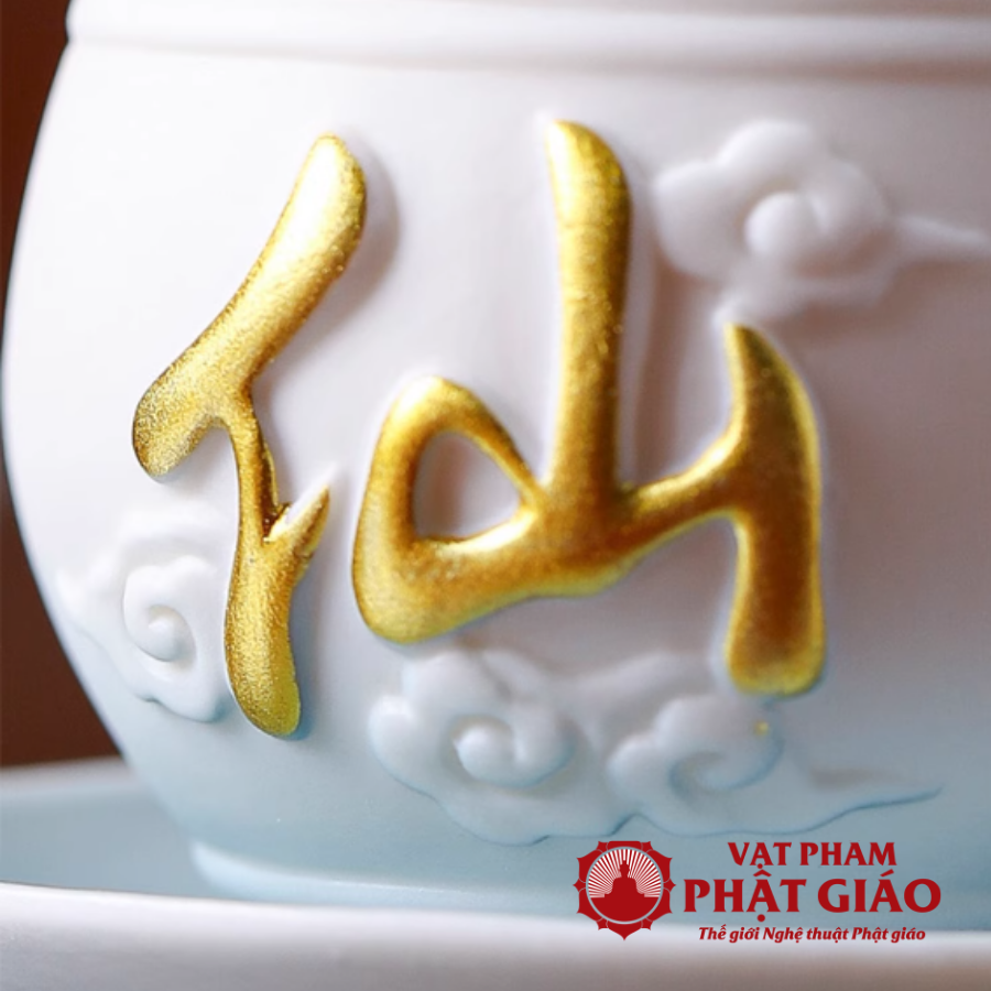 Cốc Nước Thờ Bằng Gốm Màu Trắng Xanh Chữ Tiên 13 Coc Nuoc Tho Bang Gom Mau Trang Xanh Chu Tien 13