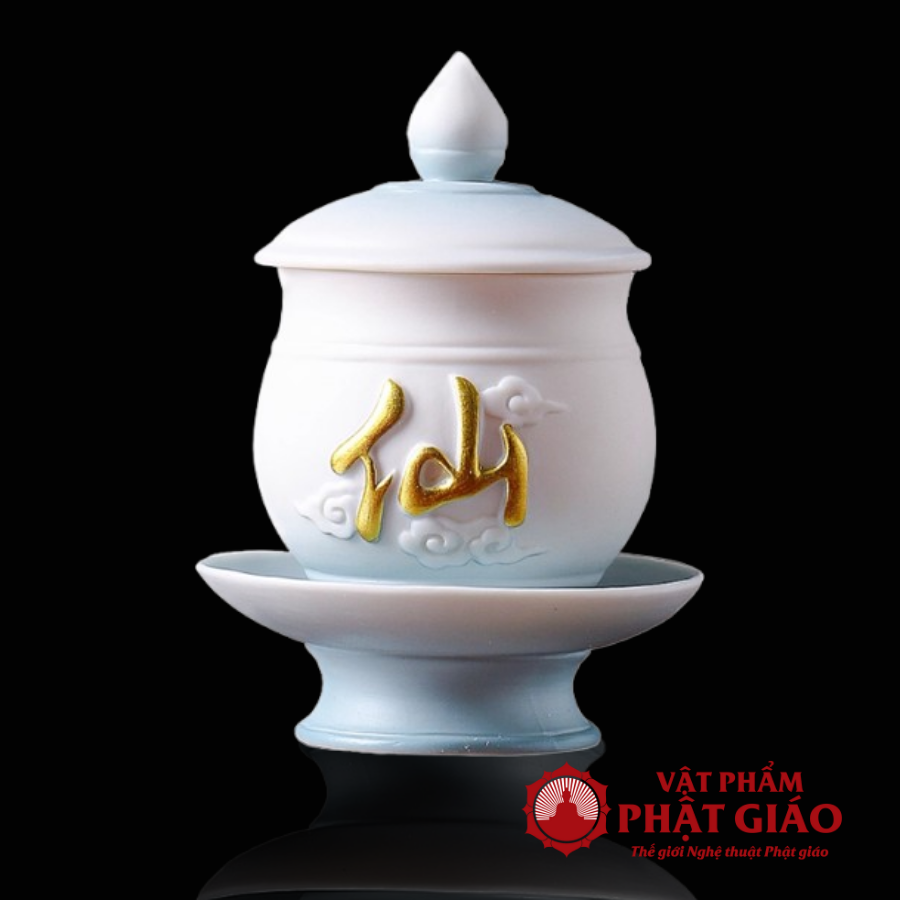 Cốc Nước Thờ Bằng Gốm Màu Trắng Xanh Chữ Tiên 15 Coc Nuoc Tho Bang Gom Mau Trang Xanh Chu Tien 15