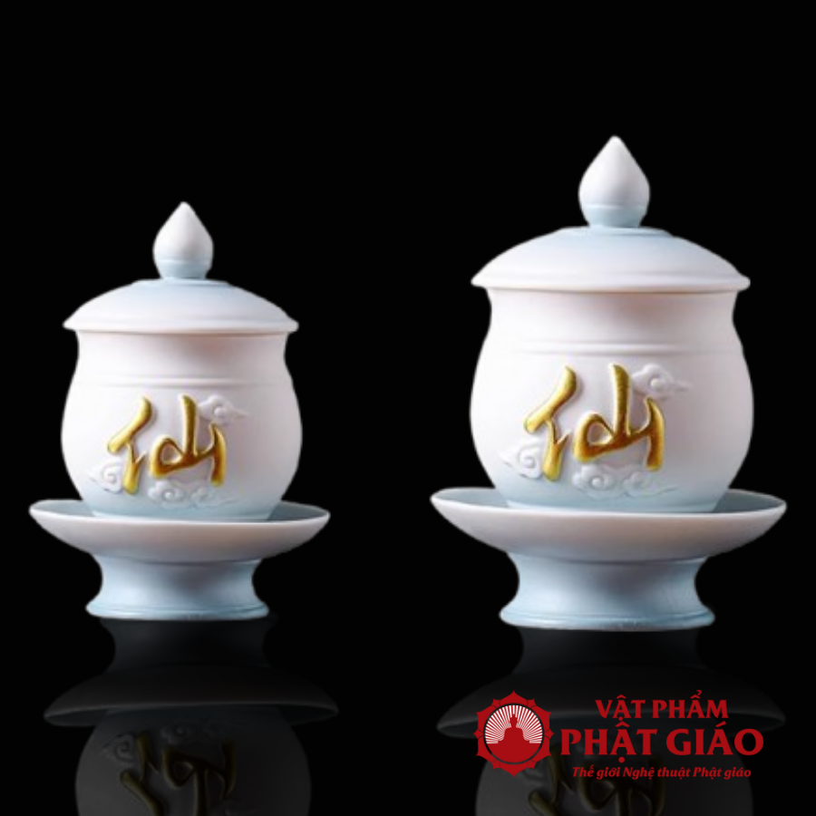 Cốc Nước Thờ Bằng Gốm Màu Trắng Xanh Chữ Tiên 16 Coc Nuoc Tho Bang Gom Mau Trang Xanh Chu Tien 16