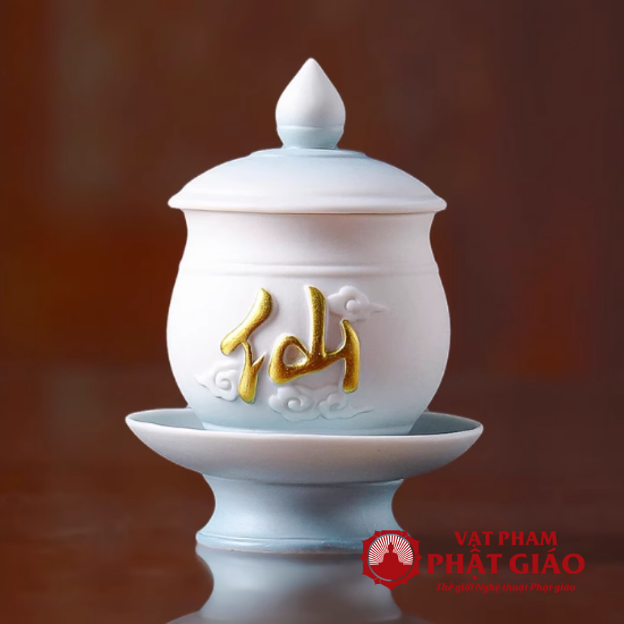 Cốc Nước Thờ Bằng Gốm Màu Trắng Xanh Chữ Tiên 2 Coc Nuoc Tho Bang Gom Mau Trang Xanh Chu Tien 2