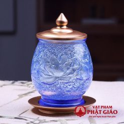 Cốc Nước Thờ Lưu Ly Họa Tiết Hoa Sen Màu Xanh Coban 1 Coc Nuoc Tho Luu Ly Hoa Tiet Hoa Sen Mau Xanh Coban 7