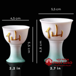 Ly Rượu Thờ Bằng Gốm Màu Trắng Xanh Chữ "Tiên" 14 Ly Ruou Tho Bang Gom Mau Trang Xanh Chu Tien 14