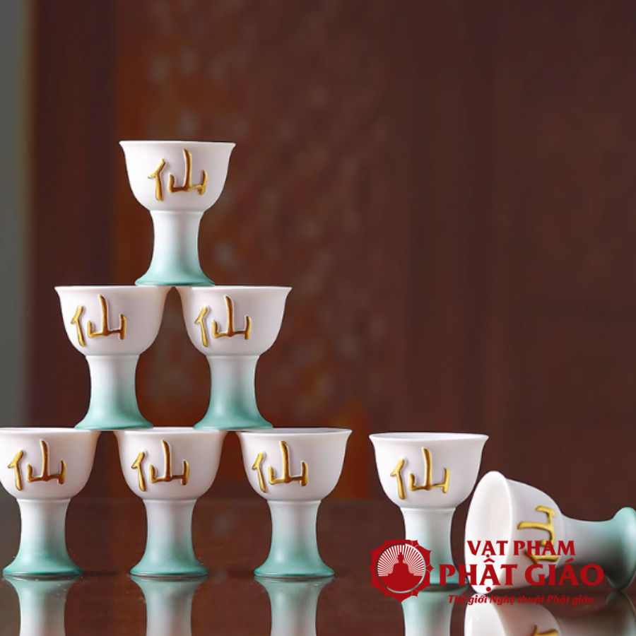 Ly Rượu Thờ Bằng Gốm Màu Trắng Xanh Chữ Tiên 2 Ly Ruou Tho Bang Gom Mau Trang Xanh Chu Tien 2