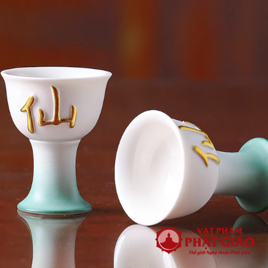 Ly Rượu Thờ Bằng Gốm Màu Trắng Xanh Chữ Tiên 3 Ly Ruou Tho Bang Gom Mau Trang Xanh Chu Tien 3