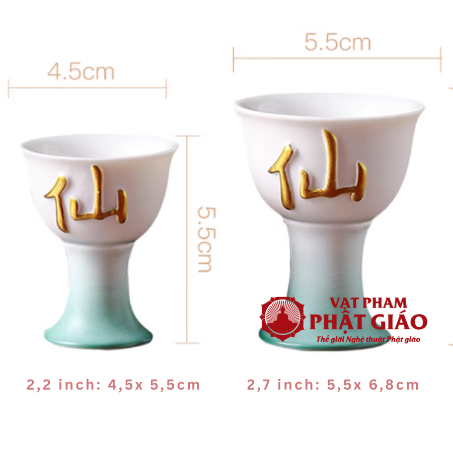 Ly Rượu Thờ Bằng Gốm Màu Trắng Xanh Chữ Tiên 5 Ly Ruou Tho Bang Gom Mau Trang Xanh Chu Tien 5