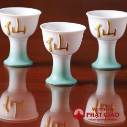 Ly Rượu Thờ Bằng Gốm Màu Trắng Xanh Chữ "Tiên" 7 Ly Ruou Tho Bang Gom Mau Trang Xanh Chu Tien 7
