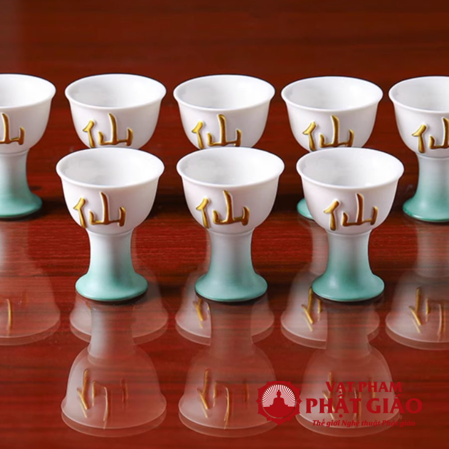 Ly Rượu Thờ Bằng Gốm Màu Trắng Xanh Chữ Tiên 8 Ly Ruou Tho Bang Gom Mau Trang Xanh Chu Tien 8