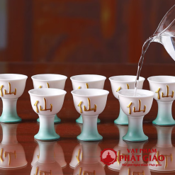 Ly Rượu Thờ Bằng Gốm Màu Trắng Xanh Chữ "Tiên" 9 Ly Ruou Tho Bang Gom Mau Trang Xanh Chu Tien 9