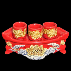 Bộ Kỷ Ngai 3 Chén Gốm Sứ Men Màu Đỏ