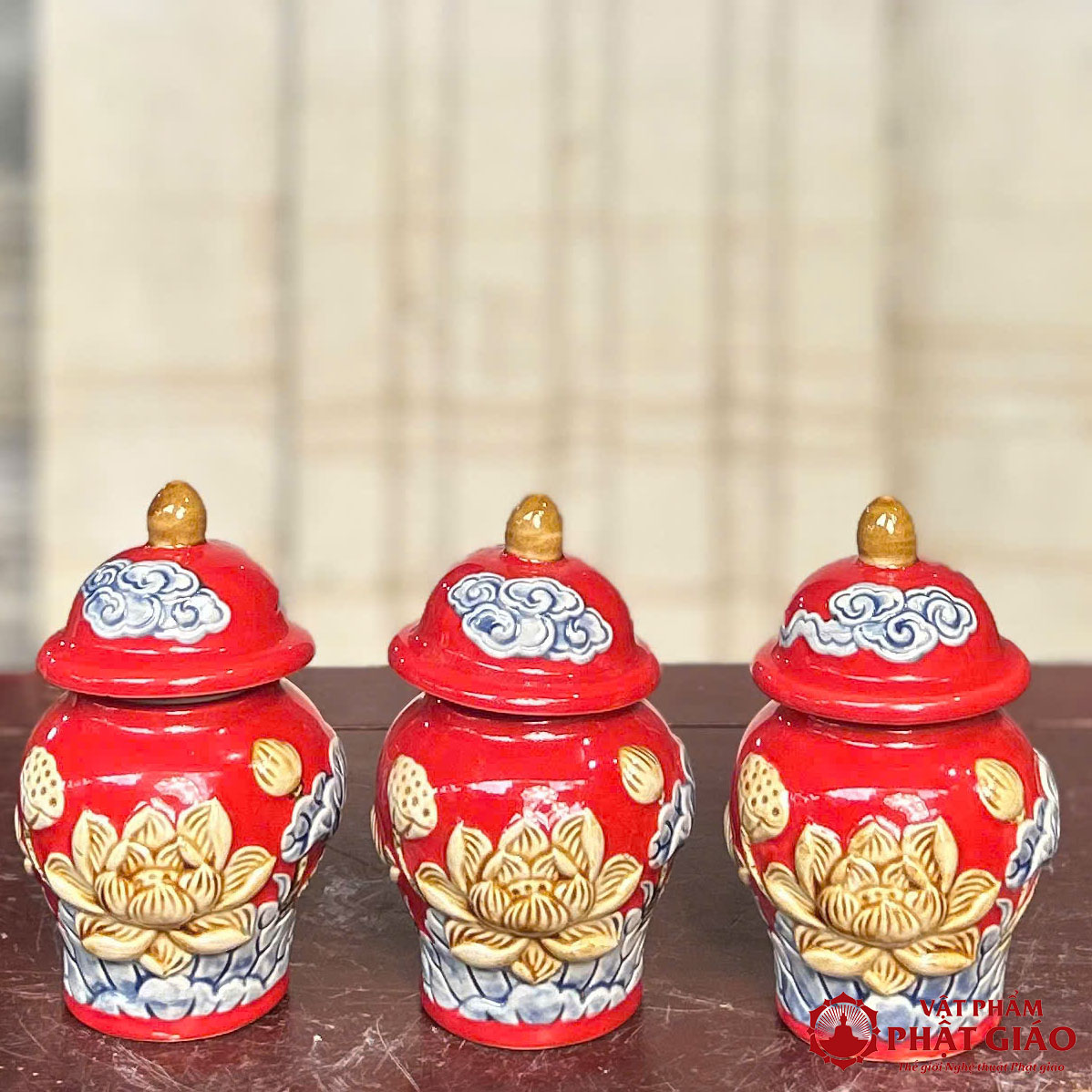Bộ Chóe Thờ Gốm Sứ Bát Tràng Men Màu Đỏ 2 Bộ Chóe Thờ Gốm Sứ Bát Tràng Men Màu Đỏ - Ảnh 2