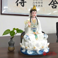 Tượng Quan Âm Bồ Tát Hán Bạch Ngọc Y Trắng Ngồi Đài Sen Cao 50cm, 70cm, 110cm - Ảnh 2